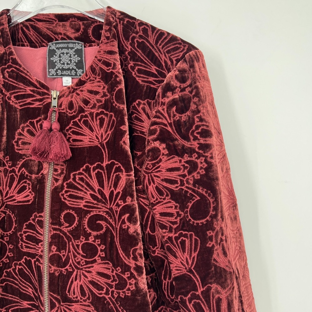 Johnny Was Jacket Womens M Red Velvet Floral Embroidered Quilted Boho Western - Picture 5 of 8